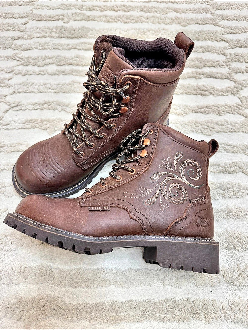 Justin WKL985 Leather Western Work Boots Brown US 8 B - NWOT